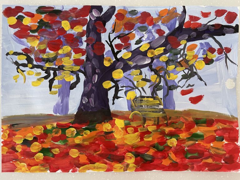 Painting of an autumnal tree from the KS2 art show.