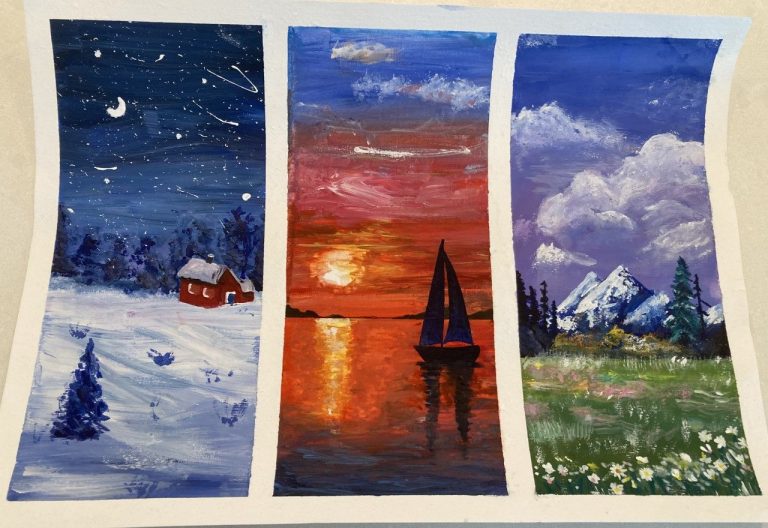 Paintings of three different landscape scenes from the KS3 September art show.