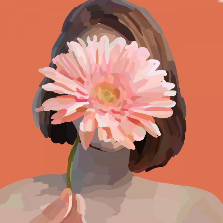 Painting of a woman with a flower in front of her face from the KS4 September art show.