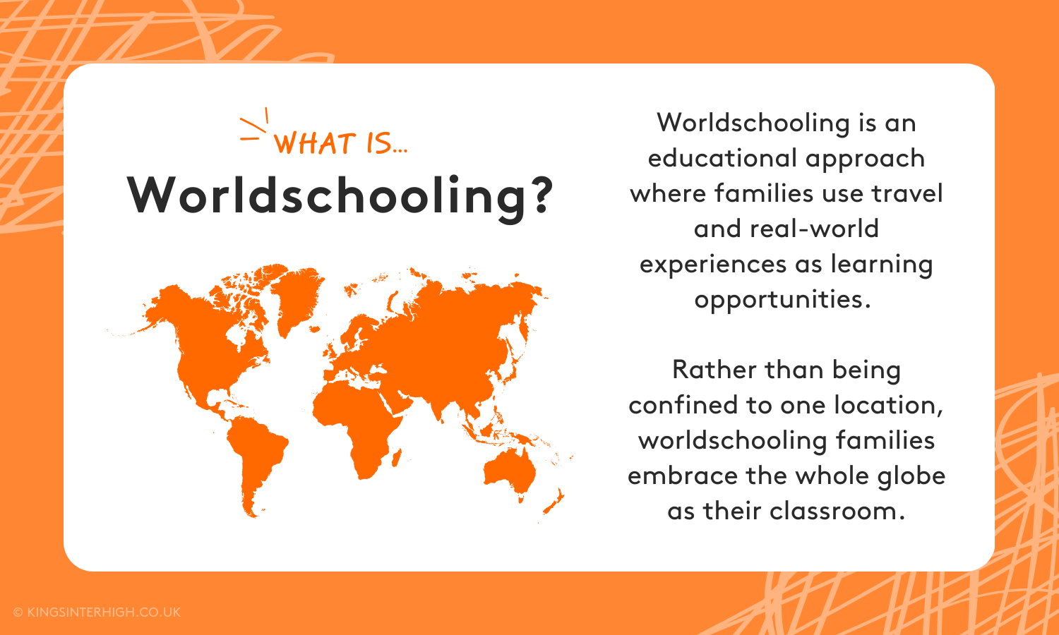 Graphic: What is worldschooling? Worldschooling is an educational approach where families use travel and real-world experiences as learning opportunities. Rather than being confined to one location, worldschooling families embrace the whole globe as their classroom.
